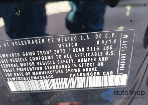 2014 Volkswagen Jetta 2.0L S из США, поврежденный, VIN 3VW2K7AJ2EM435400